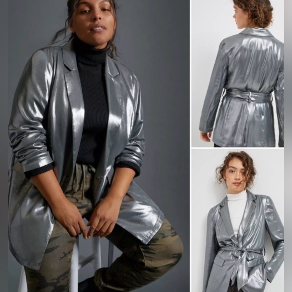 Anthropologie Maeve Zada Metallic Blazer‎ Women Plus Size 20W NEW silver trench